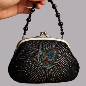 Small black beaded purse, peacock design, lined, beaded handle, Vintage Elegant